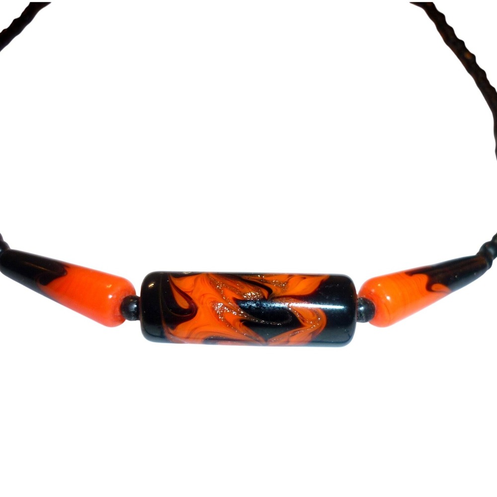 Vintage Black Orange Swirl Resin Beaded Choker Necklace Halloween Boho 16 Inch